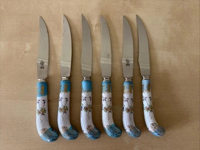 Juego de 6 Cuchillos Sheffield Acero Inoxidable Mango Porcelana Azul Dresde Inglaterra Foto 1 de 4