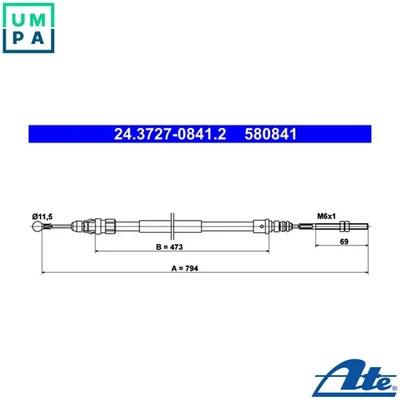 CABLE PULL PARKING BRAKE 24.3727-0841.2 FOR PEUGEOT 4HT /4HX 2.2L 3FY 2.2L 4cyl - Image 1 of 4