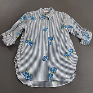 Calvin Klein Women's Tunic Shirt Size M Blue Flower Embrodery Roll Tab NWT - Picture 1 of 18