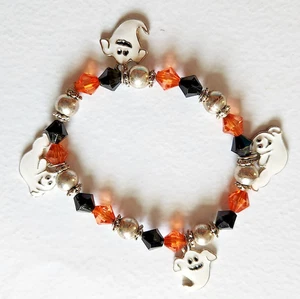 PULSERA Halloween Vintage Dijes Elásticos Esmalte 4 Fantasmas Naranja Negro Cuentas - Imagen 1 de 4