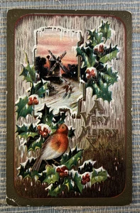 A Very Merry Xmas Bird Windmill Holly Christmas Embossed Postcard Germany - Picture 1 of 2