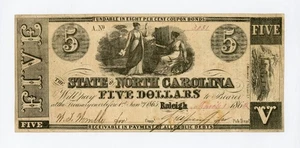 1862 Cr.86 $5 The State of NORTH CAROLINA Note - CIVIL WAR Era - Picture 1 of 2