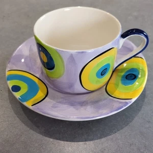 Whittards Of Chelsea Cup And Saucer Purple Lime Turquoise Multi Circle Design - Picture 1 of 7