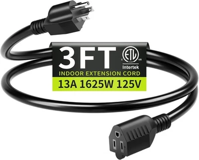 SEEKLYZE 3FT 13A 125V 1625W ETL Listed，16/3 Indoor Extension Cord Black，Short Extensi