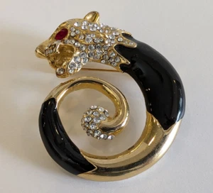 Vintage Large Gold Tone and Black Enamel Rhinestone Panther Brooch Pin - Picture 1 of 12