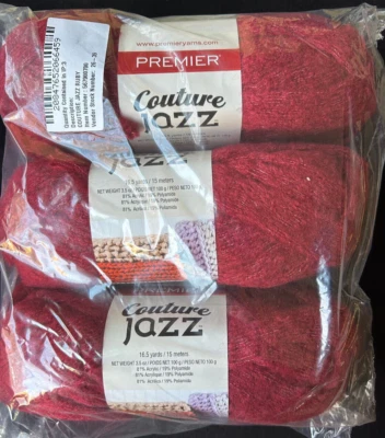 Лот из 3 полных НОВЫХ мотков супер громоздкой пряжи Couture Jazz Premier - рубиновый красный - Изображение 1 из 3