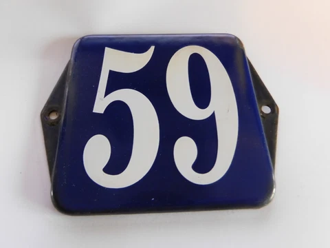 Vintage Dutch LANGCAT Emaille 5x4 Inch Enamel Porcelain House Number on Steel 59 Cover