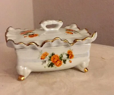 Roses Trinket Box with Lid Porcelain UCGC Korea Gold Accents Pearl Finish - Image 1 of 4