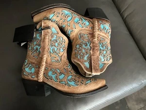 BLACK STAR COWBOY GIRL BOOTS 7 B SNIP TOE TERLINGUA BROWN & TEAL INLAY WESTERN - Picture 1 of 9