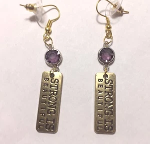  "STRONG IS BEAUTIFUL" CROSSFIT FITNESS Dangle Drop GOLD TONE HOOK EARRINGS  - Picture 1 of 3