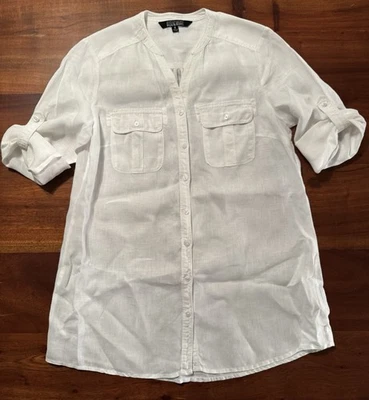 Camisa túnica para mujer Nicole Miller blanca 100 % lino abotonada talla pequeña Foto 1 de 4