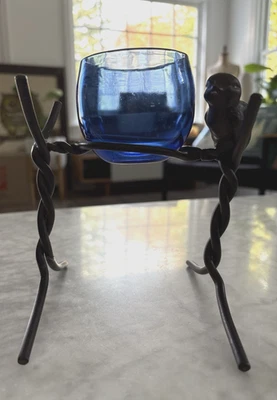 Vintage Metal & Blue Glass Cup Free Standing Votive Candle Holder With Bird - Image 1 of 4