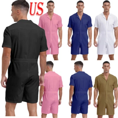 Men's Short Sleeve Overalls Jumpsuit Turn-down Collar Zipper Romper with Pockets - Image 1 of 4
