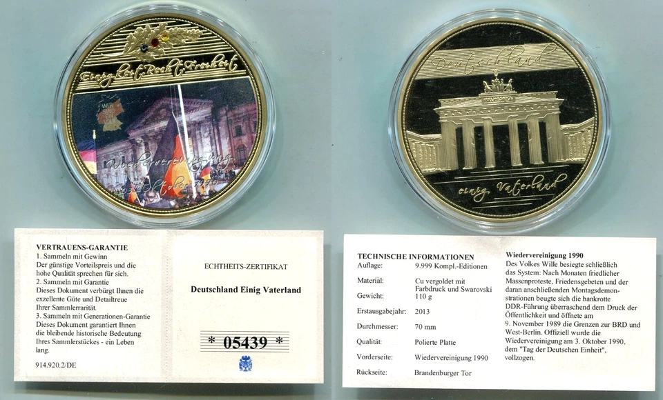 Gigant Medaille 2013 PP  "Wiedervereinigung"  in Kapsel mit Zertifikat Ø 70mm - Bild 1 von 1