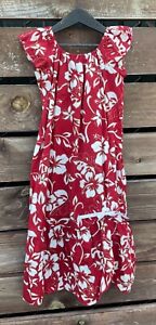 Hilo Hattie Girls Long Red Floral Ruffle Hawaiian Dress *Size 6