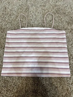 American Eagle Women Junior Pink Striped Ribbed Tank Crop Top Size Large - Image 1 of 4
