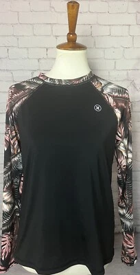 Camisa de natación Hurley Ink estampado fresco negra tropical UPF 50 sol talla grande Foto 1 de 4