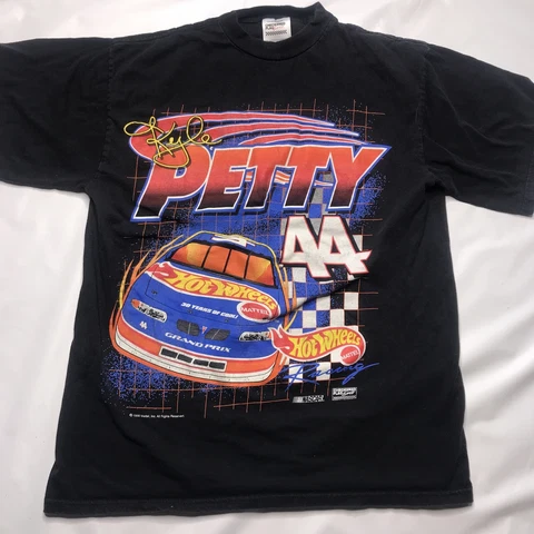 Kyle Petty 44 Hot Wheels Nascar Graphic 1998 T Shirt Large Checkered Flag Sports Cover