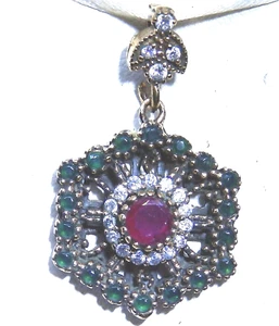 SILVER RUBY EMERALD CUBIC ZIRCONIA  PENDANT 925 Silver Brass Necklace New - Picture 1 of 4