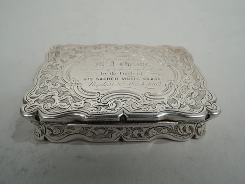 Victorian Snuffbox w/ Music Teacher Presentation English Sterling Silver 1860 Cover
