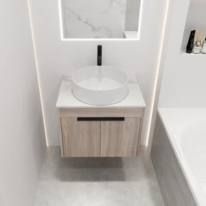 24" Wooden Floating Wall Mounted Bathroom Vanity Cabinet W/ Ceramic Vessel Sink - Picture 1 of 9