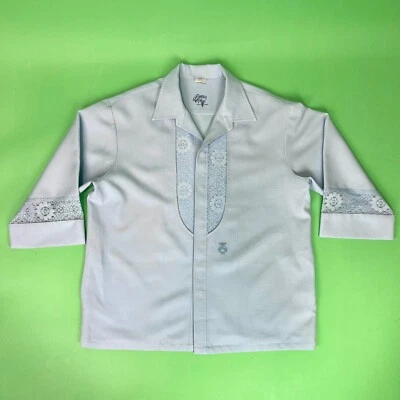 Vintage Men’s Iolani Beau Tiki Pastel Blue Formal Hawaiian Wedding Shirt -Sz 2XL - Image 1 of 4