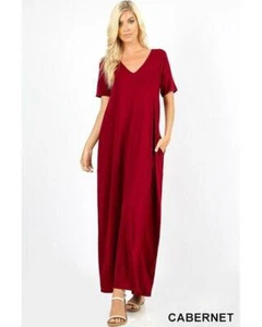 Maxi Camiseta Vestido Keeping It Comfy Mangas Cortas Cuello en V con Bolsillos en Cabernet - Imagen 1 de 3