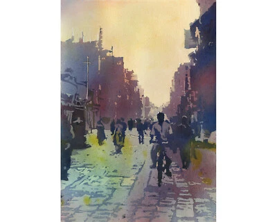 Kathmandu street scene- watercolor painting street Kathmandu, Nepal (print) - Image 1 of 4