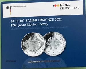 Alemania 20 euros moneda de plata 2022 monasterio de Corvey moneda de euro PP Proof - Imagen 1 de 3