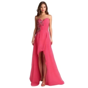 Alyce Paris Strapless Hi Low Sweetheart Neck Jeweled Gown Prom Hot Pink Size 6 - Picture 1 of 12