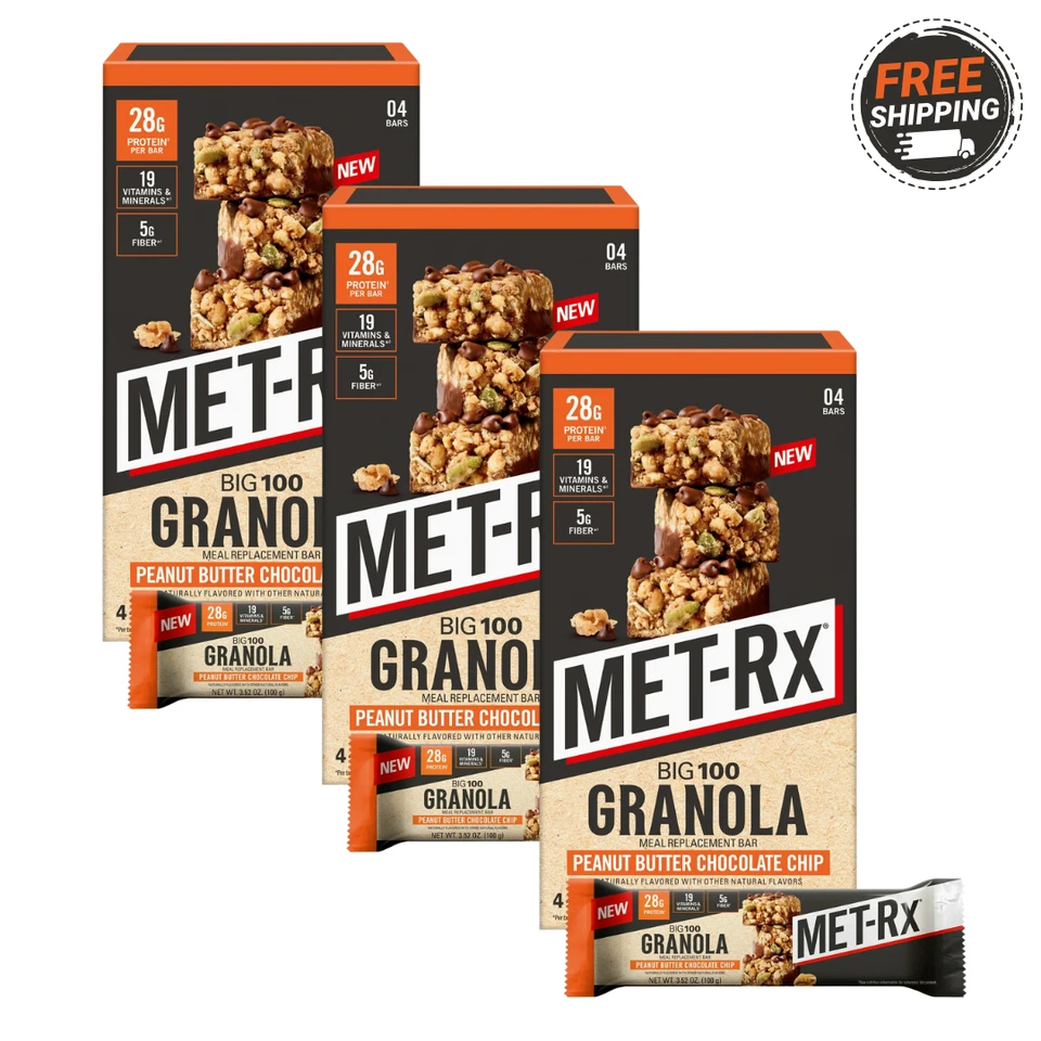 MET-Rx Big 100 Barritas de Proteína, Barras de Repuesto de Comida de Mantequilla de Maní Granola, 12 Ct Foto 1 de 1