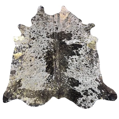 Alfombra de cuero de vaca marrón chocolate y blanco con ácido metálico dorado lavado 7x6 pies Y-060 Foto 1 de 4