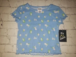 Art Class Girls Blue Floral Lettuce Edge Short Sleeve T-Shirt Size XS 4/5 - Picture 1 of 3