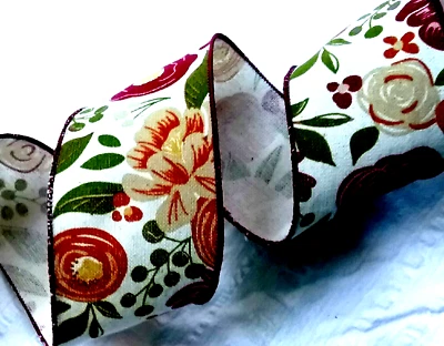 Fall Floral 2.5" by 2 yard Wired Ribbon Rust Burgundy Tan Green Soft Canvas - Image 1 of 4