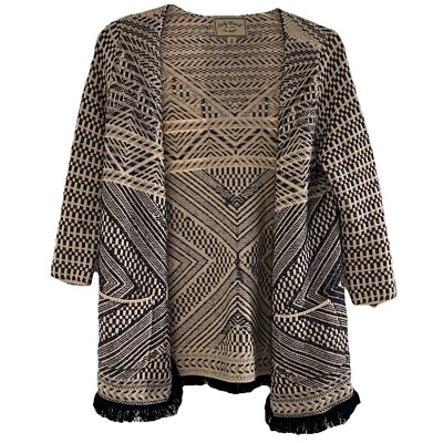 LUCKY BRAND  Sz M Patterned Fringe Sweater Coat Blue/Beige Open Cardigan. Flaw - Image 1 of 4