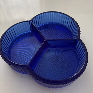 Vintage Cobalt Blue Glass Divided Serving Tray Dish 3-Sections - Picture 1 of 4