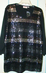 Quacker Factory Silber & Schwarz Gestreiftes Pailletten 3/4 Ärmel Top Größe XL Neu mit Etikett - Bild 1 von 5