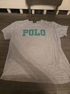Vtg Polo Ralph Lauren Distressed Classic Spellout Shirt Gray Green Sz Large - Foto 1 di 2