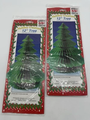 Vtg Lot 2 Christmas Tree Art Tissue Centerpieces Green 12” Honeycomb - Image 1 of 4