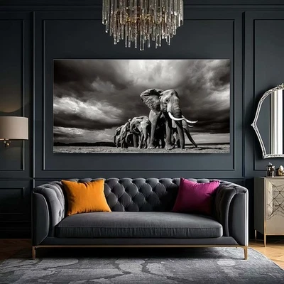 Pintura em tela de elefante animal preto e branco vida selvagem arte de parede impressão arte - Imagem 1 de 4