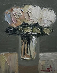 WEISSE BLUMEN ÖLGEMÄLDE VIVEK MANDALIA IMPRESSIONISMUS 8X10 SAMMLERSTÜCK SIGNIERT - Bild 1 von 6