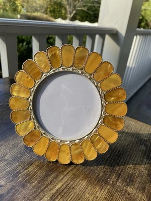 Gold Toned Abalone Mother Of Pearl Round Picture Frame Photo - Image 1 of 4