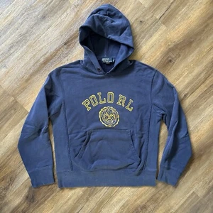 Vintage Polo Ralph Lauren Collegiate Print Indigo Dyed Pullover Hoodie Size Med - Bild 1 von 9