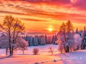 SNOW SUNSET DIGITAL IMAGE Postcard Wallpaper Background Desktop Digital AI Art - Picture 1 of 1