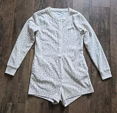 Old Navy Size XS Fleece Shorts Long Sleeve Bodysuit PJ 1 Piece Pajama Leopard - Image 1 of 4