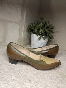 Florsheim Ramblers olive green/tan/brown Block Heels Leather Pumps Size 6 - Picture 1 of 7