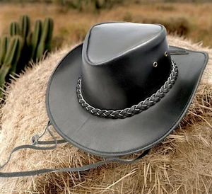 Men's Women's Cowboy Hat 100% Real Leather Australian Western Style Braided Band - Picture 1 of 9