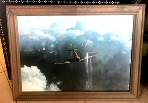 LARGE MILITARY WWII AVIATION PRINT IN WOODEN FRAME SIGNED BY ARTIST 90cm x 70cm - Picture 1 of 5