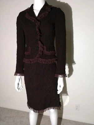 Lillie Rubin Eggplant Brown Ruffled Jacket & Skirt Set, Sz 4-6 Foto 1 de 4