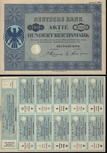 DEUTSCHE BANK BERLIN ALEMANIA 100 RM 1952 con cupones dividendos + 1 garra - Imagen 1 de 1